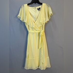 DKNY Yellow Flutter Sleeve Wrap Midi Dress Size 12 Chiffon Tie Waist